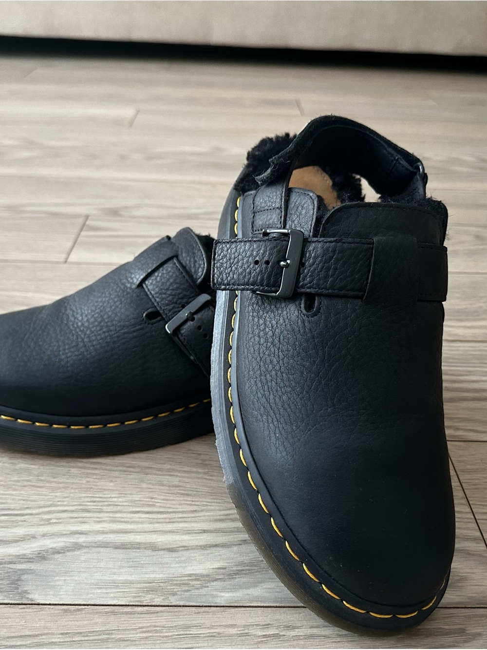 Dr. Martens Black Leather Slip-On Clogs with Yellow Stitching